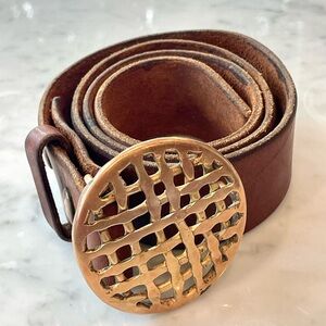 Rustic Handmade Leather Belt with Copper-Gold Buckle and studs, Unisex, 39/1.75”